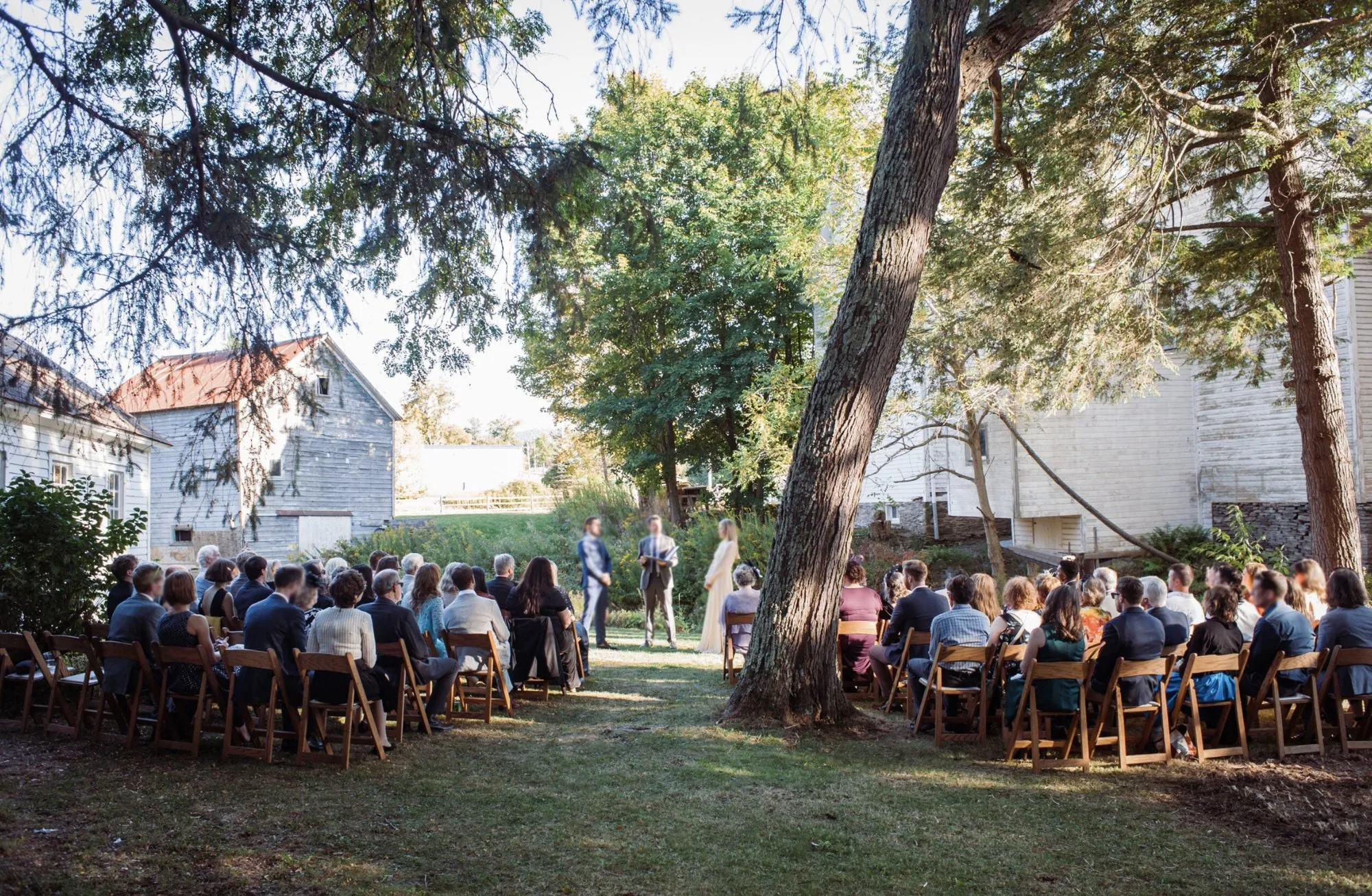 Guests seated beneath the pines for an outdoor wedding ceremony at Book Village Inn