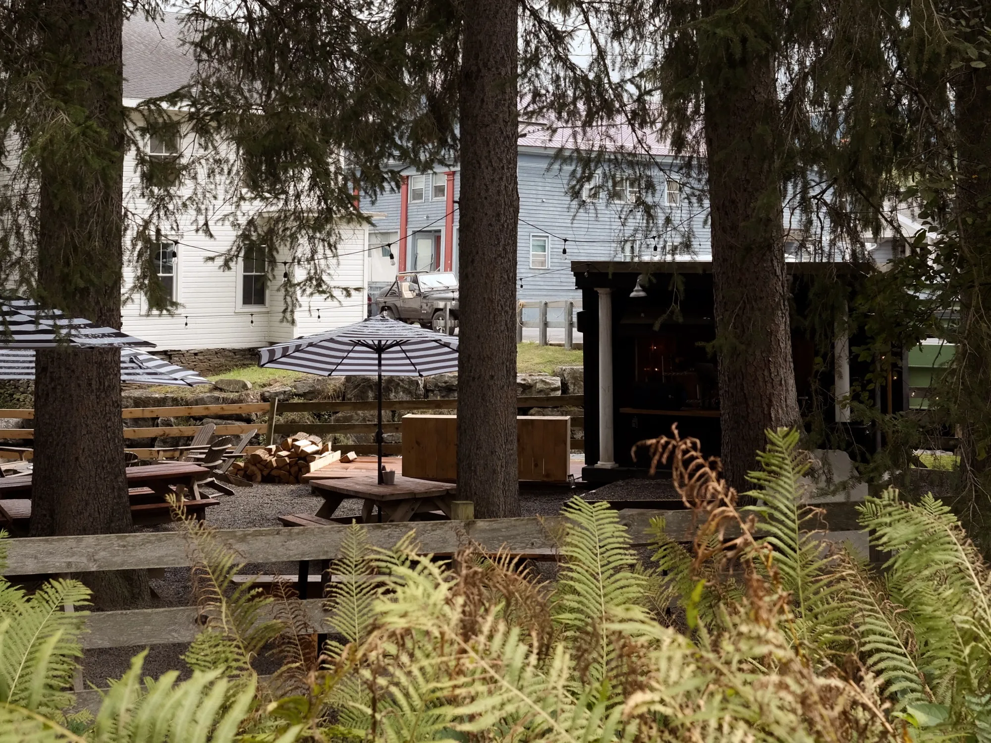 The garden and gathering space at Book Village Inn