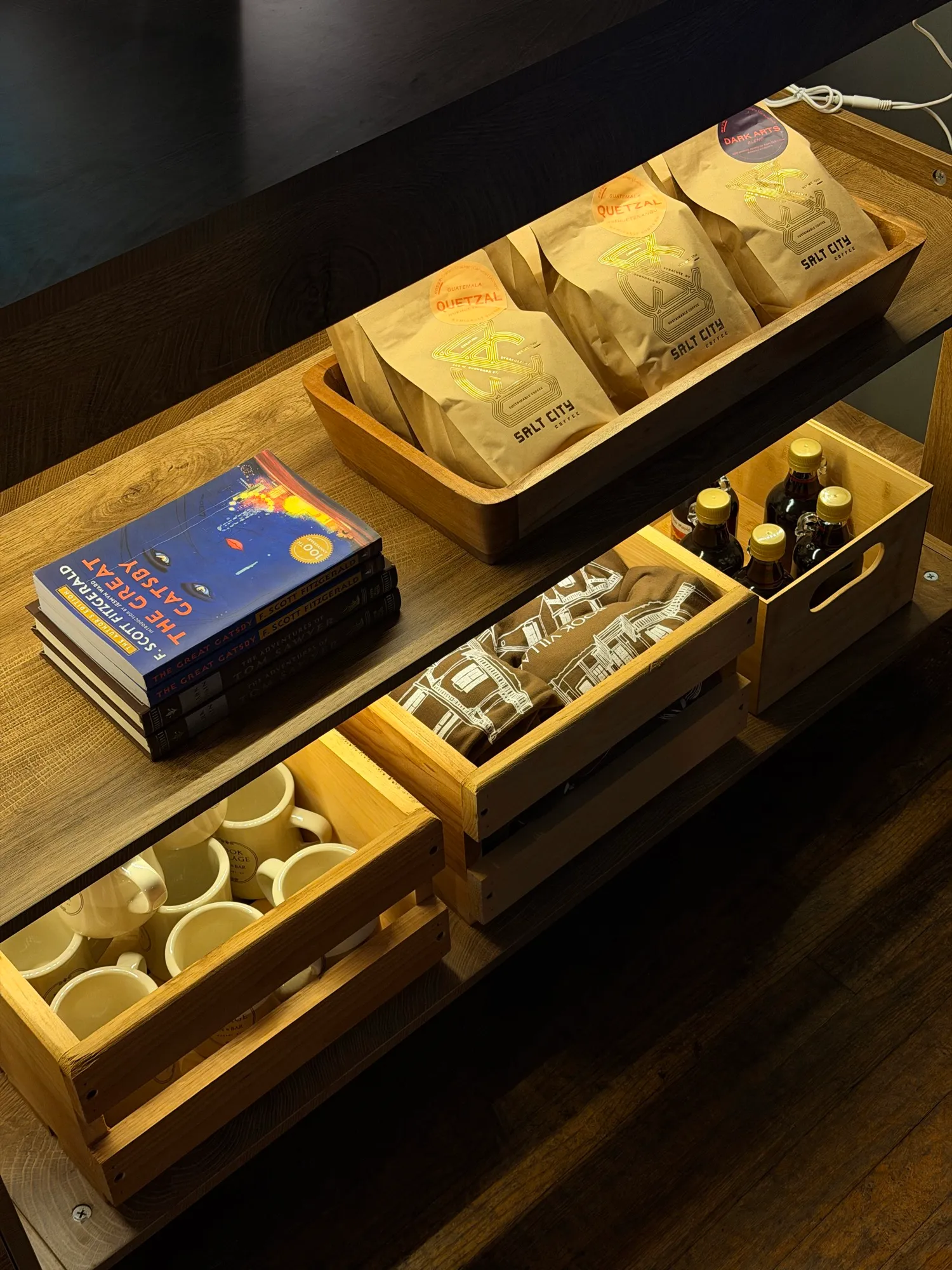 Beans and merch on the shelf